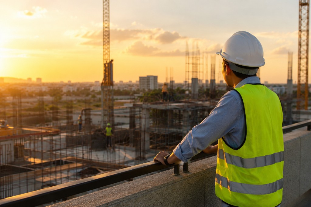 Engineer overlooking construction site at sunset